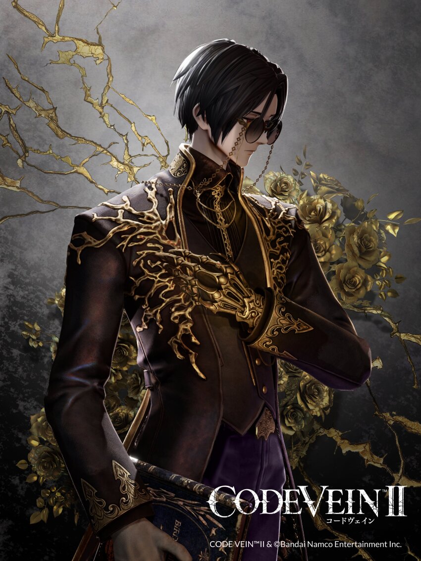 1boy 3d absurdres black_hair code_vein code_vein_ii commentary_request expressionless flower formal_clothes highres jacket looking_to_the_side male_focus official_art prosthesis prosthetic_arm red_eyes rose solo suit sunglasses valentin_voda