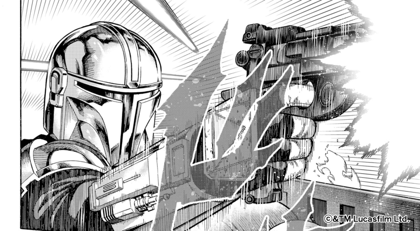 1boy aiming din_djarin energy_gun fingerless_gloves gloves greyscale gun highres holding holding_gun holding_weapon male_focus mandalorian monochrome official_art oosawa_yuusuke rifle scope solo star_wars text_focus the_mandalorian translation_request weapon