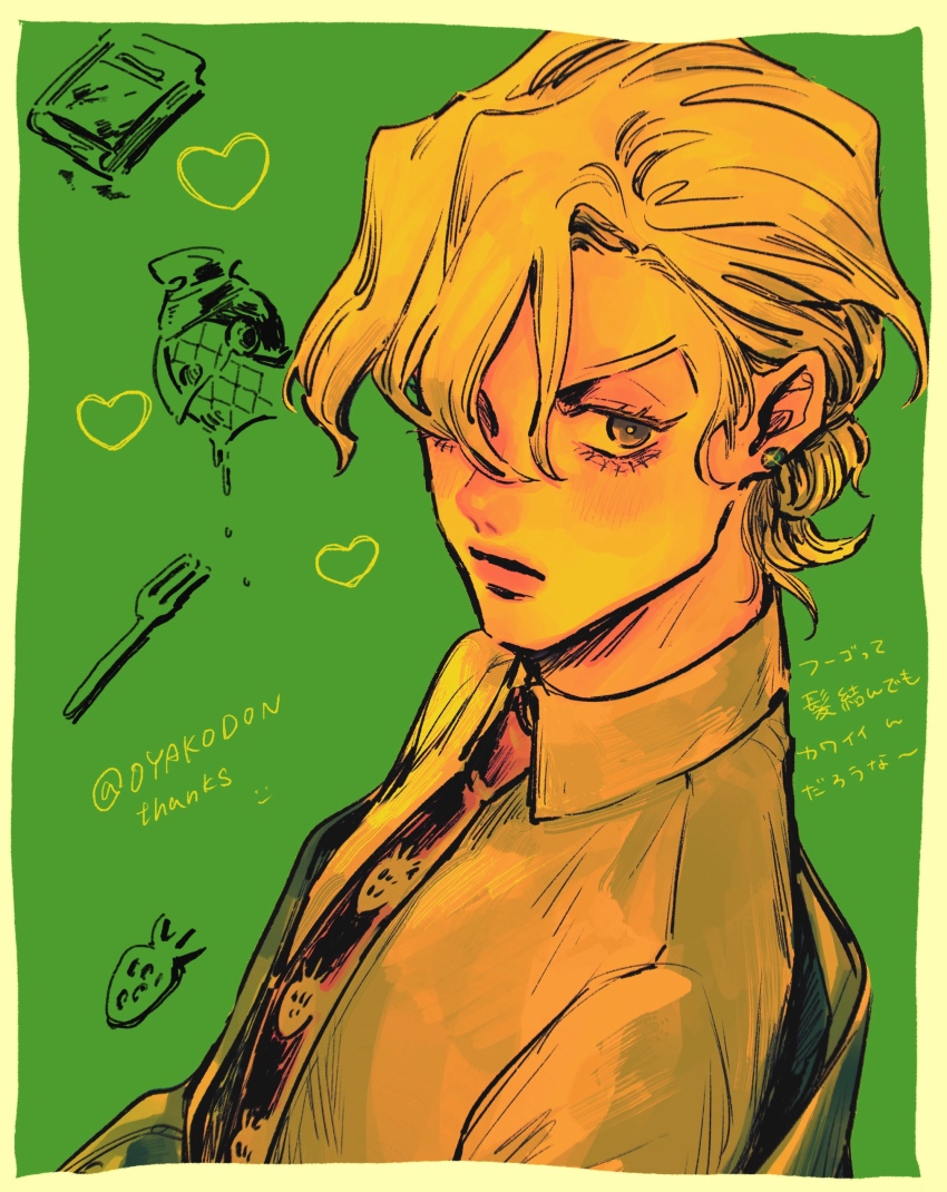 1boy absurdres black_necktie book collared_shirt colored_eyelashes curtained_hair drawn_heart earrings fork green_background grey_eyes hair_between_eyes hair_over_one_eye highres jewelry jojo_no_kimyou_na_bouken male_focus necktie okokoro_zaiku pannacotta_fugo shirt short_hair solo twitter_username upper_body vento_aureo white_hair