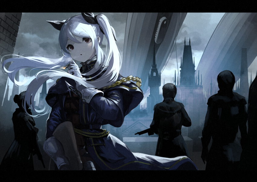 2boys 2girls blurry bow capelet cigarette city dark depth_of_field gloves gun hair_bow hair_bun highres koruse letterboxed long_hair looking_at_viewer looking_to_the_side military military_uniform multiple_boys multiple_girls original outdoors red_eyes rifle scope silver_hair single_hair_bun smoking soldier twintails weapon
