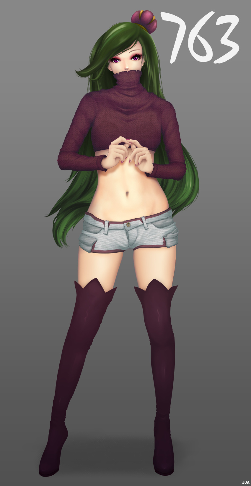 1girl boots crown female_focus gen_7_pokemon green_hair highres khalitzburg_(user_2274420) long_hair looking_at_viewer nail_polish navel nintendo personification pokemon purple_eyes shorts simple_background solo standing thigh_boots thighhighs tsareena turtleneck