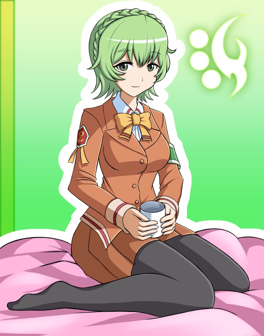 10s 1girl aoki_hagane_no_arpeggio braid crown_braid cup exis female_focus green_eyes green_hair highres light_smile mug nachi_(aoki_hagane_no_arpeggio) pantyhose school_uniform short_hair sitting solo wariza