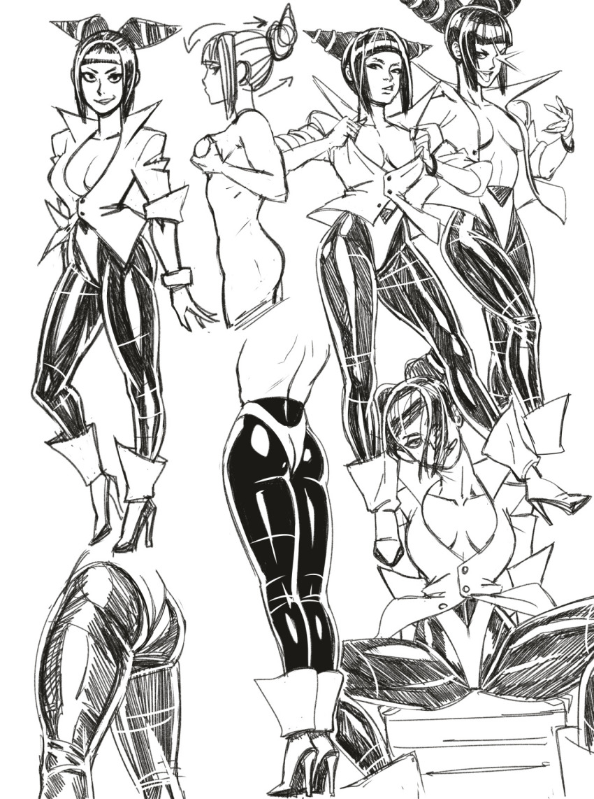 1girl ass boots breasts capcom cleavage diepod drill_hair han_juri high_heel_boots high_heels highres jacket monochrome sitting sketch street_fighter twin_drills twintails