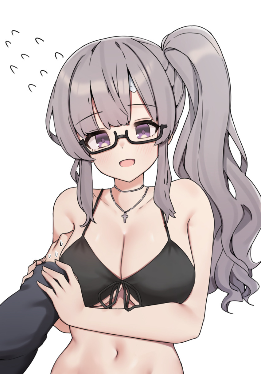 1boy 1girl :d aa211108 bandaid bandaid_on_face bandaid_on_forehead bikini bikini_under_clothes black_bikini breasts cleavage collarbone commission cross cross_necklace dot_nose eyelashes flying_sweatdrops front-tie_bikini_top front-tie_top grabbing_another&#039;s_breast grey_hair groping guided_breast_grab guiding_hand hair_over_shoulder halterneck hetero highres idolmaster idolmaster_shiny_colors idolmaster_shiny_colors_song_for_prism jewelry large_breasts light_blush long_hair looking_at_viewer navel necklace off_shoulder official_alternate_costume official_alternate_hairstyle open_mouth parted_bangs pixiv_commission pov pov_hands producer_(idolmaster) purple_eyes shirt side_ponytail sidelocks simple_background smile string_bikini sweatdrop swimsuit upper_body wavy_hair white_background white_shirt yukoku_kiriko
