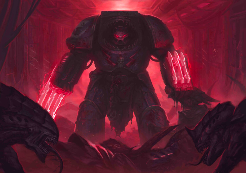 absurdres adeptus_astartes armor armored_boots blood blue_armor boots breastplate cable carcharodons corpse couter crotch_plate cuirass dripping electricity gauntlets glowing glowing_eyes glowing_weapon greaves helm helmet highres horns indoors kheljay leg_armor lightning_bolt_symbol lightning_claw long_tongue looking_at_another male_focus pauldrons pelvic_curtain poleyn power_armor red_eyes red_light red_theme rerebrace shoulder_armor single_horn skull straight-on studded_armor terminator_armor tongue tyberos_the_red_wake tyranid warhammer_40k weapon