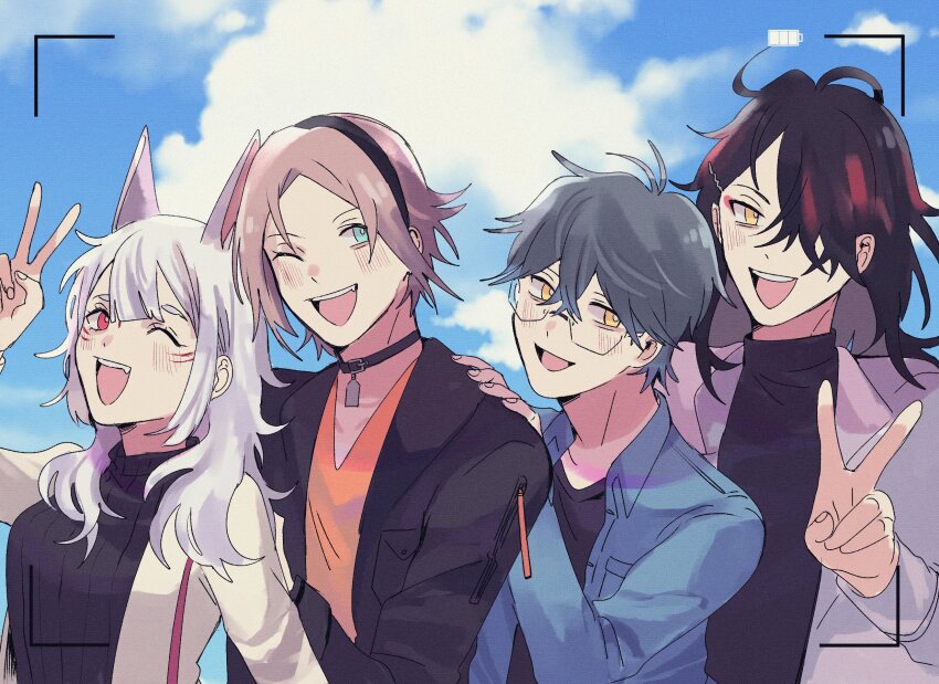 1girl 3boys animal_ears black_collar black_hair black_hairband black_jacket black_shirt blue_eyes blue_hair blue_jacket blue_sky breasts brown_hair bug_bbb cloud cloudy_sky collar day eyeshadow facial_mark fang fox_ears glasses gradient_hair grey_hair hair_ornament hair_over_one_eye hairband highres ike_eveland jacket long_hair long_sleeves looking_at_viewer makeup medium_hair multicolored_hair multiple_boys mysta_rias nijisanji nijisanji_en nina_kosaka one_eye_closed open_mouth orange_shirt outdoors red_eyes red_eyeshadow red_hair shirt short_eyebrows sky smile sweater teeth turtleneck turtleneck_sweater upper_body upper_teeth_only v viewfinder virtual_youtuber vox_akuma white_hair yellow_eyes