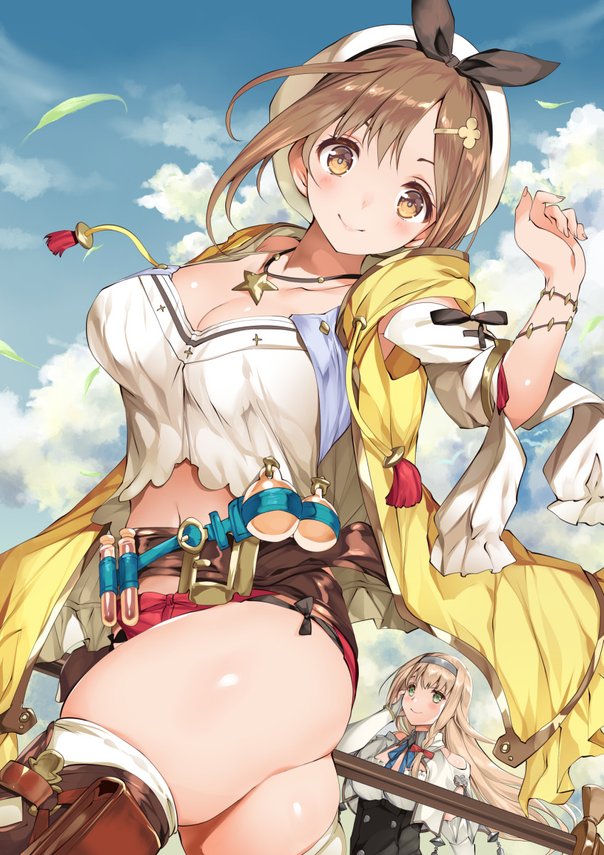 2girls atelier_(series) atelier_ryza atelier_ryza_1 belt blue_belt blue_sky braid breasts bridal_legwear brown_belt brown_gloves cleavage clothing_cutout cloud cloudy_sky commentary_request day flask gloves hair_ornament hairclip highres jacket jewelry klaudia_valentz large_breasts leather leather_belt leather_gloves multiple_girls necklace pouch red_shorts reisalin_stout round-bottom_flask short_shorts shorts shoulder_cutout single_glove sky sleeveless sleeveless_jacket star_(symbol) star_necklace tamiya_akito thigh_pouch thighhighs thighs vial white_headwear yellow_jacket