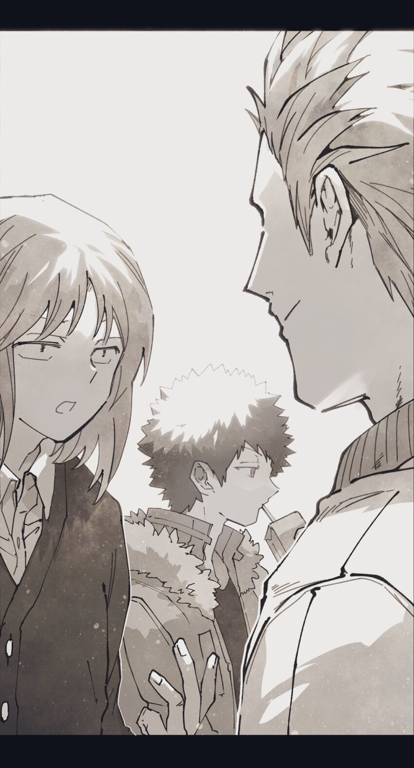 3boys cardigan casual closed_mouth collared_shirt dress_shirt drinking drinking_straw drinking_straw_in_mouth fur-trimmed_jacket fur_trim hand_up highres jacket juice_box kazama_souya kikuchihara_shirou kzmsnmjkk letterboxed looking_ahead looking_at_another male_focus monochrome multiple_boys open_mouth profile shirt short_hair simple_background smile spiked_hair talking upper_body utagawa_ryou_(world_trigger) world_trigger