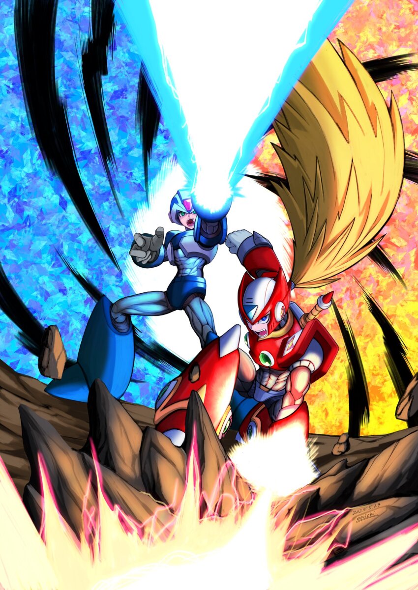 2boys agetatekoron2 arm_cannon armor blonde_hair blue_armor blue_background blue_helmet chest_jewel debris firing forehead_jewel green_eyes helmet highres long_hair male_focus multiple_boys red_armor red_background red_helmet standing weapon x_(mega_man) zero_(mega_man)