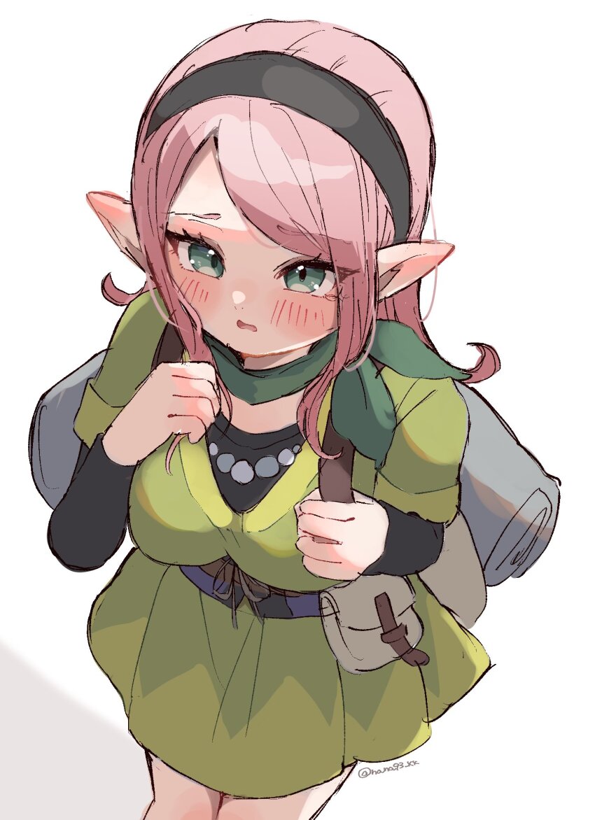 1girl backpack bag black_hairband black_shirt blush breasts dragon_quest dragon_quest_monsters dragon_quest_monsters_3 dress eyelashes from_above green_dress green_eyes green_neckerchief hairband highres holding holding_bag jewelry long_hair looking_at_viewer medium_breasts nanakusa_yomogi neckerchief necklace open_mouth pink_hair pointy_ears rosalie_(dq4) shirt shirt_under_dress signature sketch solo standing sweat twitter_username white_background