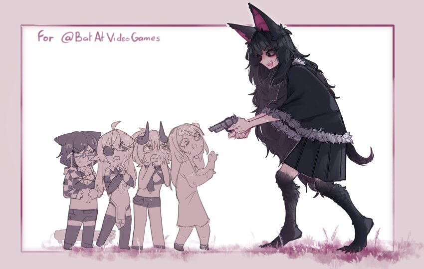5girls :d absurdres ahoge animal_ears bat_ears bat_girl bat_tail moriko_kyoho black_skirt cape cat_baguette_(popopoka) cat_ears dress eyepatch fang from_side fur-trimmed_cape fur_trim geega_(vtuber) grape_(vtuber) gun hair_ornament handgun heart heart_hair_ornament highres holding holding_gun holding_weapon horns indie_virtual_youtuber long_hair miniskirt mint_castella moriko_kyoho multiple_girls navel open_mouth original pleated_skirt popopoka shorts skirt smile standing stomach sweat teeth upper_teeth_only virtual_youtuber vshojo weapon white_background