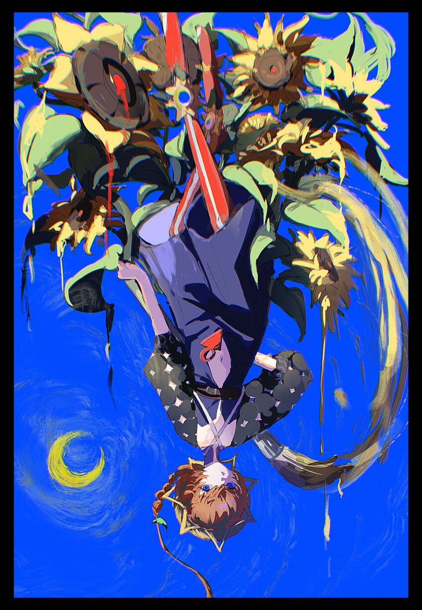 1girl anohito_(amaruno110) black_sleeves blue_eyes blue_overalls braid brown_hair clothing_cutout crown_braid fate/grand_order fate_(series) flower hat highres leggings looking_at_viewer navel navel_cutout orange_hair overalls red_leggings side_braid solo straw_hat sunflower upside-down van_gogh_(fate) van_gogh_(first_ascension)_(fate) yellow_hat