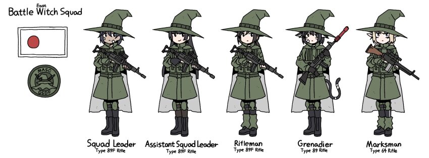 5girls animal_ear_fluff animal_ears black_boots black_hair black_pantyhose blonde_hair boots cape cat_ears cat_girl cat_tail closed_mouth dark-skinned_female dark_skin english_text fingerless_gloves gloves green_gloves green_hat green_jacket grey_cape gun hair_between_eyes hat highres holding holding_gun holding_weapon jacket japanese_flag karepack knee_pads multiple_girls original pantyhose pointy_ears smile tail trigger_discipline weapon weapon_request witch_hat