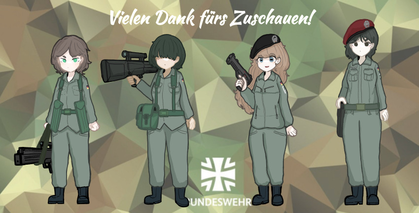 4girls absurdres advanced_combat_rifle_(military_program) advanced_individual_weapon_system_(military_program) advanced_infantry_weapon_system_(military_program) army assault_rifle association_for_caseless_rifle_systems black_eyes black_hair blonde_hair brown_hair bullpup bundeswehr carbine caseless_ammunition_rifle_system_(military_program) caseless_firearm german_army gesellschaft_fur_hulsenlose_gewehrsysteme green_eyes gun h&amp;k_acr h&amp;k_g11 h&amp;k_g11k2 h&amp;k_lmg11 h&amp;k_nbw hair_over_eyes handgun hat heckler_&amp;_koch high-capacity_magazine highres holster horizontal_magazine horizontal_pupils light_machine_gun long_hair machine_gun military military_uniform multiple_girls no_pupils original pdw-caliber_pistol personal_defense_weapon pistol rifle short_hair translation_request user_dwmr8542 weapon weapon_focus