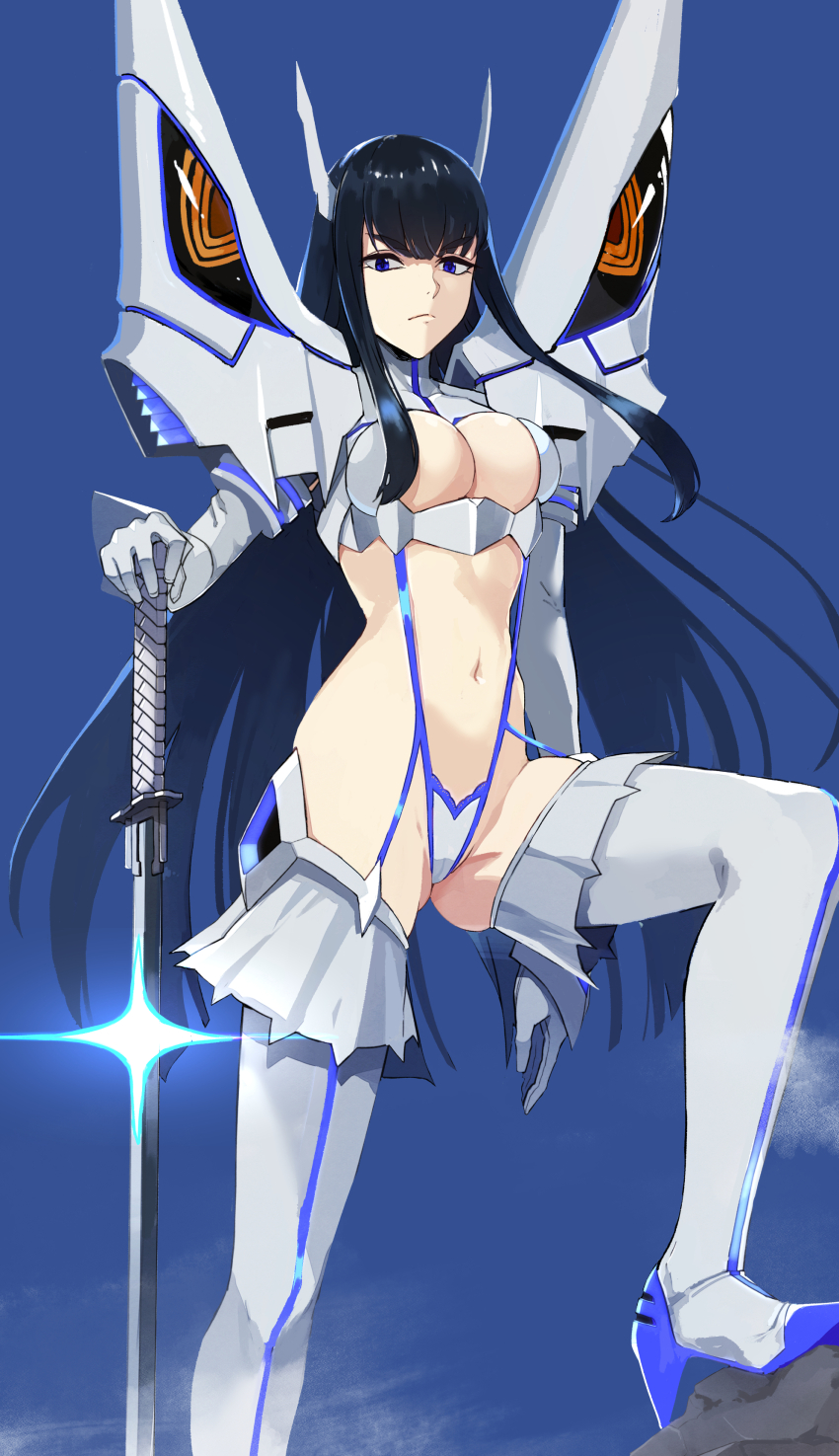 1girl absurdres black_hair blue_eyes boots breasts cleavage cleavage_cutout clothing_cutout hair_ornament highres junketsu katana kill_la_kill kiryuuin_satsuki large_breasts long_hair looking_at_viewer navel prime_(prime_tw) revealing_clothes sidelocks solo sword thick_eyebrows thigh_boots underbust weapon