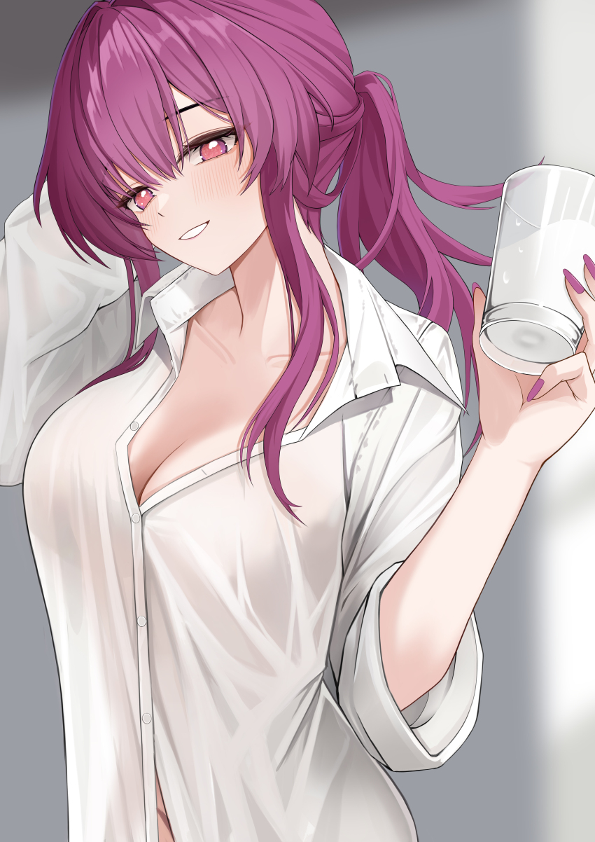 1girl absurdres blurry blurry_background blush breasts cleavage collarbone commentary cup english_commentary hand_up highres holding holding_cup honkai:_star_rail honkai_(series) kafka_(honkai:_star_rail) kebi_(soo_owl) large_breasts long_hair looking_at_viewer naked_shirt open_mouth ponytail purple_eyes purple_hair purple_nails see-through_silhouette shirt sidelocks solo upper_body white_shirt