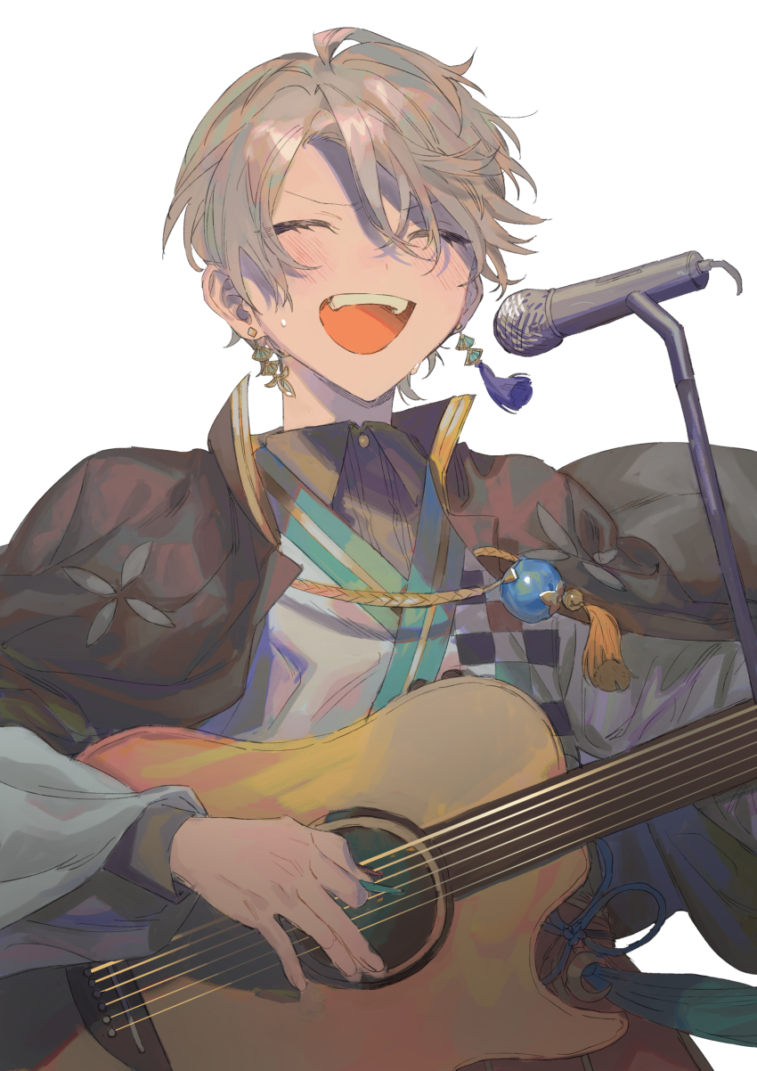 1boy absurdres black_jacket blush brown_hair checkered_clothes checkered_kimono closed_eyes collared_shirt commentary_request earrings grey_shirt guitar highres holding holding_guitar holding_instrument instrument jacket jacket_on_shoulders japanese_clothes jewelry kaida_haru kaida_haru_(1st_costume) kimono long_sleeves male_focus microphone microphone_stand mismatched_earrings music nijisanji open_mouth playing_instrument plectrum shirt short_hair simple_background smile solo teeth torino_kawazu upper_body upper_teeth_only virtual_youtuber white_background white_kimono