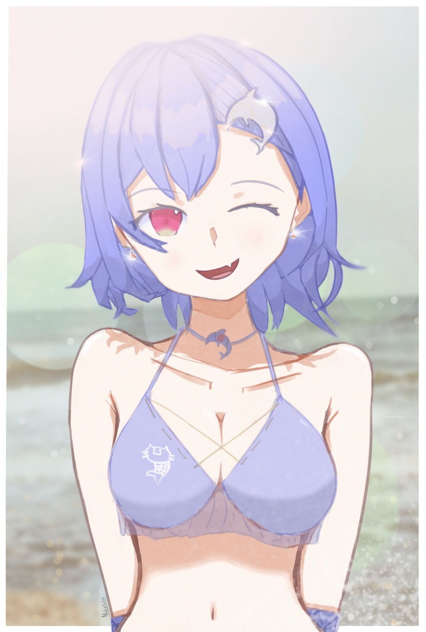 1girl absurdres alternate_breast_size artist_name bikini blue_bikini blue_hair breasts dolphin dolphin_hair_ornament dolphin_pendant hair_ornament hairclip highres jewelry medium_breasts nekuteko nijisanji nishizono_chigusa red_eyes short_hair solo swimsuit virtual_youtuber
