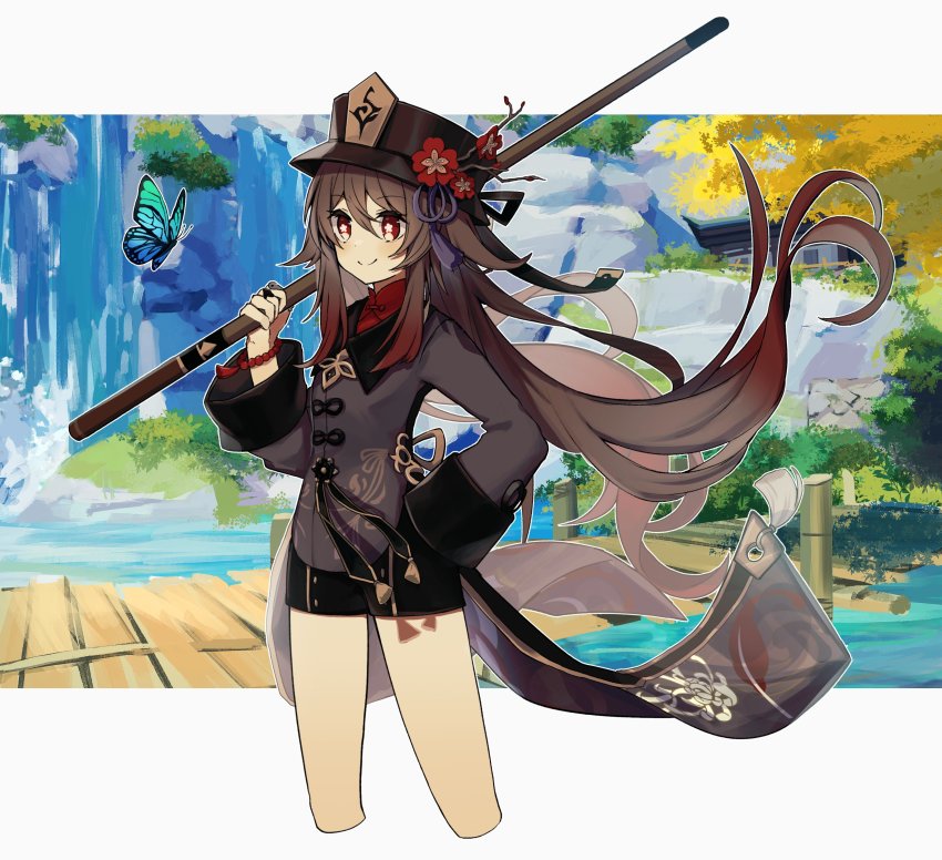 1girl absurdres black_shorts bridge brown_coat brown_hair brown_hat coat coattails cropped_legs fishing_rod flower flower-shaped_pupils genshin_impact hand_on_own_hip hat hat_flower highres holding holding_fishing_rod hu_tao_(genshin_impact) hut in-universe_location lake long_hair merry-san plum_blossoms red_eyes red_flower red_shirt shirt shorts smile solo stone symbol-shaped_pupils tassel tree twintails very_long_hair water waterfall
