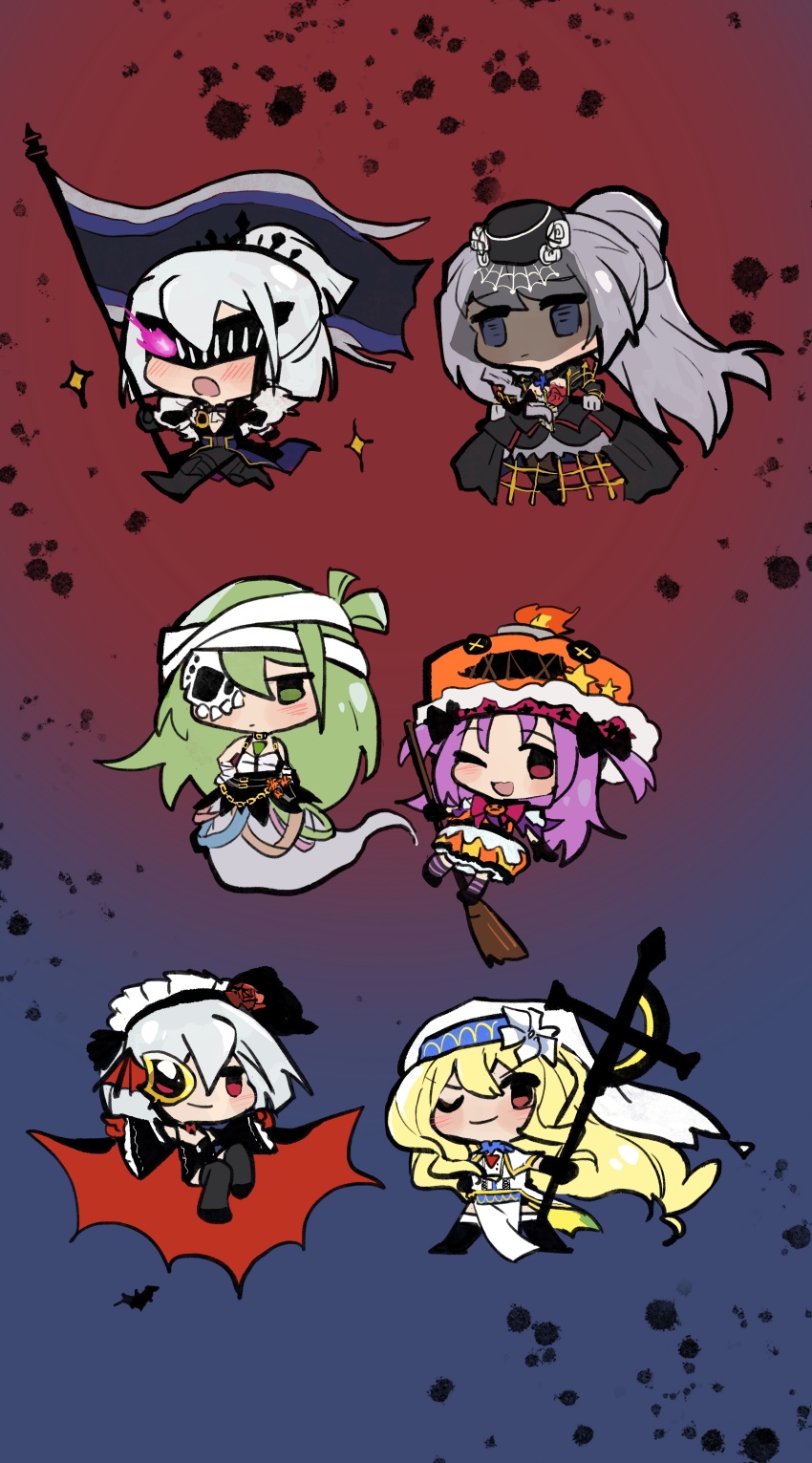 6+girls absurdres alina_gray alina_gray_(halloween_ver.) blonde_hair blue_eyes blush broom bubble_skirt cape chibi closed_mouth detached_sleeves dress flower garter_straps green_eyes green_hair grey_hair hair_flower hair_ornament hair_rings halloween_costume hat highres izumi_kanagi izumi_kanagi_(tokoyami_ver.) izumi_kanagi_(vampire_ver.) long_hair long_sleeves magia_record:_mahou_shoujo_madoka_magica_gaiden magical_girl mahou_shoujo_madoka_magica maid_headdress mask_over_one_eye misono_karin misono_karin_(halloween_ver.) moldy_edge monocle multicolored_clothes multiple_girls official_alternate_costume open_mouth pumpkin purple_eyes purple_hair red_eyes red_flower red_rose rose sarashi short_hair single_hair_ring skirt smile star_(symbol) thighhighs togame_momoko togame_momoko_(sister_ver.) veil weapon white_flower white_hair yakumo_mitama yakumo_mitama_(tokoyami_ver.)