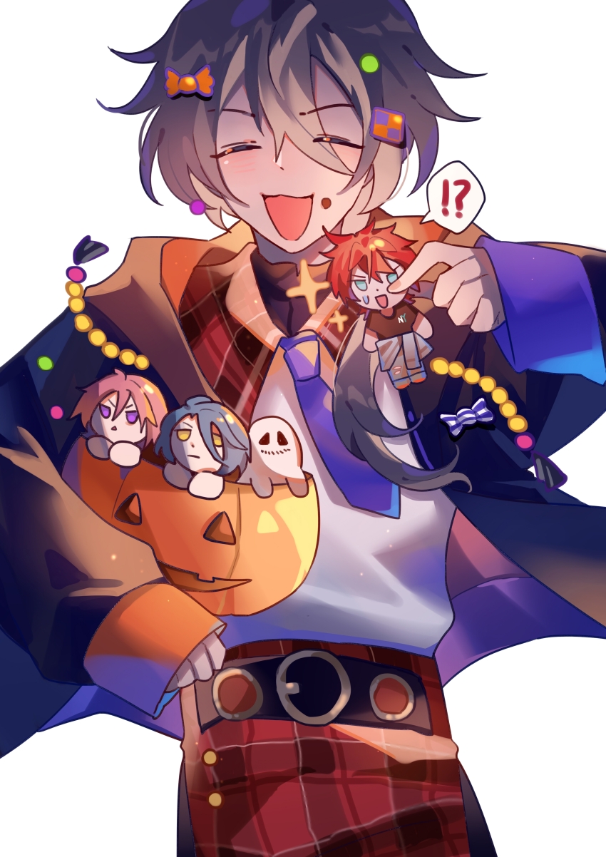 !? 4boys :d absurdres amagi_rinne belt black_belt blue_jacket blue_necktie candy_hair_ornament chinese_commentary closed_eyes commentary_request cowboy_shot ensemble_stars! food-themed_hair_ornament hair_ornament halloween halloween_bucket highres himeru_(ensemble_stars!) jacket light_particles long_sleeves male_focus mini_person miniboy multiple_boys necktie open_clothes open_jacket open_mouth oukawa_kohaku pants plaid_clothes plaid_pants red_pants shiina_niki shirt simple_background sleeves_past_wrists smile speech_bubble spoken_interrobang tie_fei_wu_mang_dashuai v-shaped_eyebrows variant_set white_background white_shirt