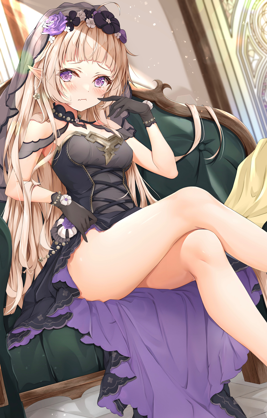 1boy absurdres bare_legs bare_shoulders black_choker black_flower black_gloves blonde_hair blush breasts choker closed_mouth clothes_lift couch crossdressing crossed_legs dress dress_lift dutch_angle flower frown gloves grey_dress hair_flower hair_ornament headdress highres hime_cut indoors lifting_own_clothes long_hair looking_at_viewer male_focus messy_hair necktie pointy_ears princess_connect! purple_eyes purple_flower purple_rose rose rumiko_(rmeco) shiny_skin short_dress sitting small_breasts solo thighs trap veil very_long_hair white_flower yuki_(ceremonial)_(princess_connect!) yuki_(princess_connect!)