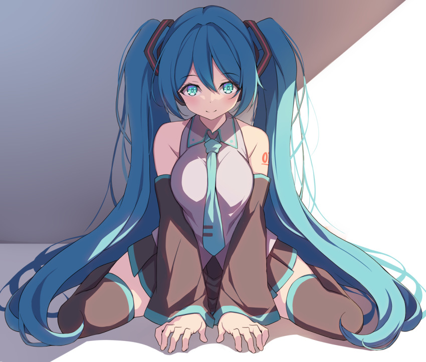 1girl bare_shoulders between_breasts between_legs blue_eyes blue_hair blue_necktie breasts breasts_squeezed_together brown_skirt brown_sleeves brown_thighhighs closed_mouth collared_shirt commentary_request creek_(moon-sky) detached_sleeves full_body grey_shirt hair_between_eyes hand_between_legs hatsune_miku long_hair long_sleeves looking_at_viewer medium_breasts necktie necktie_between_breasts pleated_skirt shirt sitting skirt sleeveless sleeveless_shirt smile solo thighhighs twintails very_long_hair vocaloid wariza wide_sleeves