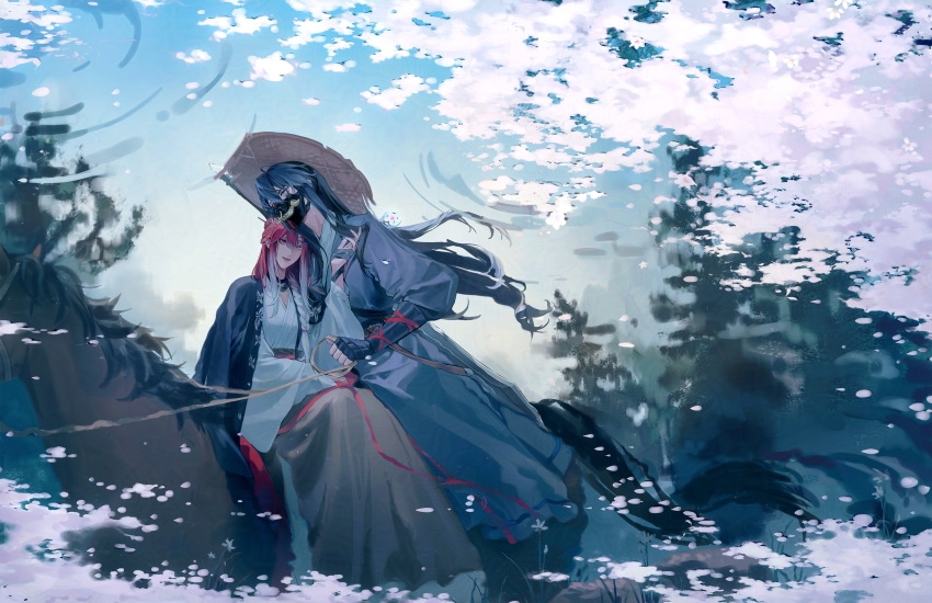 2girls absurdres alternate_costume black_coat black_hair black_sash blue_hanfu braid brown_horse chinese_clothes coat coat_on_shoulders collarbone earrings gauntlets gradient_hair grey_eyes hair_between_eyes hair_over_shoulder hanfu hat heads_together highres holding holding_reins horseback_riding houraisan_chouko jewelry long_hair mask mountain mouth_mask multicolored_hair multiple_girls ninja_mask path_to_nowhere petals petals_on_liquid pink_petals purple_eyes purple_hair rahu_(path_to_nowhere) reeds reflection reflection_focus reins riding ripples sash shalom_(path_to_nowhere) sitting straw_hat tree weapon weapon_on_back white_hanfu wuxia