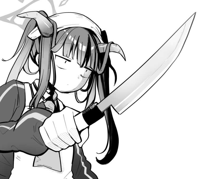 1girl apron blue_archive closed_mouth from_below fuuka_(blue_archive) greyscale halo hand_up headscarf highres holding holding_knife horns jitome kitchen_knife knife long_hair long_sleeves monochrome simple_background solo tsukiji_uogashi_sandaime urode white_background