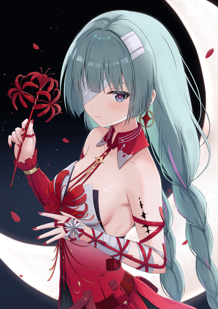 1girl bandage_over_one_eye bandaged_arm bandages bare_shoulders braid breasts closed_mouth collarbone commentary cowboy_shot detached_sleeves dress earrings fingernails flower grey_eyes highres holding holding_flower jewelry long_hair looking_at_viewer low_twin_braids medium_breasts multicolored_hair nail_polish phrolova_(wuthering_waves) red_dress red_nails red_petals single_detached_sleeve solo spider_lily streaked_hair tacet_mark_(wuthering_waves) touhourh twin_braids wuthering_waves