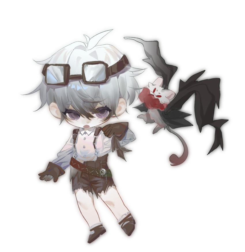 1boy absurdres ahoge brown_gloves brown_shoes brown_shorts buttons c8h11o2n chinese_commentary collared_shirt commentary_request creature deformed gloves goggles goggles_on_head hair_between_eyes hand_up highres male_focus open_mouth original purple_eyes shirt shoes short_hair shorts simple_background socks solo suspender_shorts suspenders torn_clothes torn_shorts white_background white_hair white_shirt white_socks