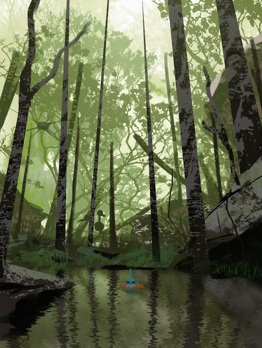 absurdres asteroid_ill bad_id bad_twitter_id cascoon day doduo forest gen_1_pokemon gen_3_pokemon gen_7_pokemon highres mudkip nature nintendo no_humans outdoors pokemon pokemon_(creature) rowlet scenery tree water