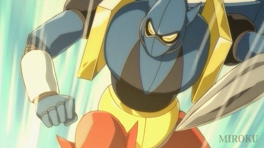 armor blue_armor cowboy_shot drill_hand fake_screenshot getter_liger getter_robo getter_robo_g hands_up highres horns ishikawa_ken_(style) mecha mecha_focus miroku_(miroku_t) multicolored_armor retro_artstyle robot solo super_robot yellow_eyes