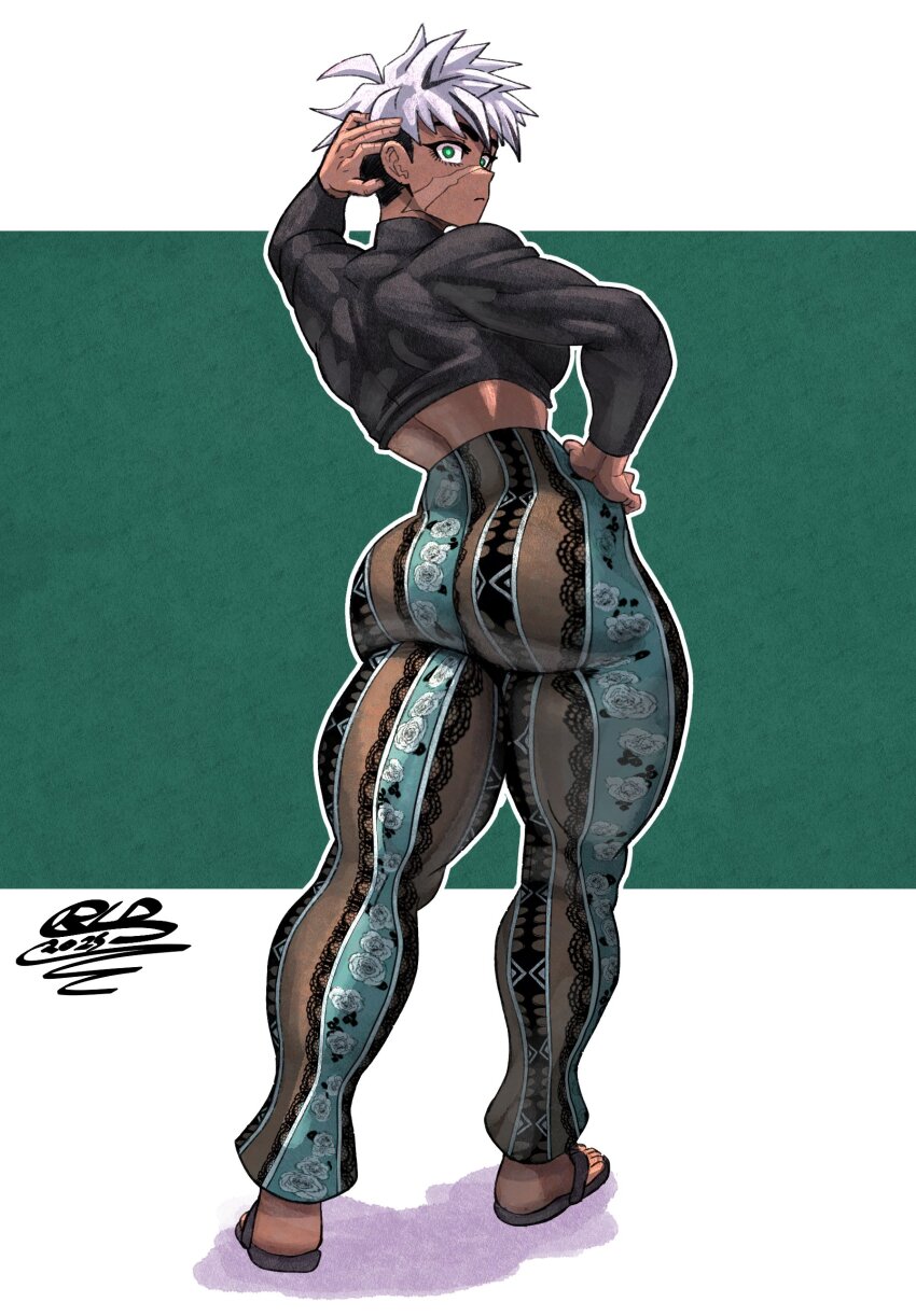 1girl absurdres ass black_shirt forbidden_pants full_body green_background green_eyes hand_on_own_hip highres kalara_(vertacularrld) looking_at_viewer looking_back multicolored_pants muscular muscular_female original pants print_pants scar scar_on_face shirt short_hair signature standing two-tone_background vertacularrld white_background white_hair