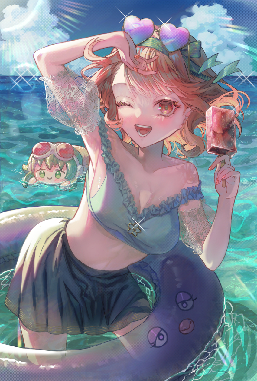 2girls aqua_bikini aqua_flower bikini blue_skirt breasts cleavage cloud collarbone copiki_017 flower food frilled_bikini frills goggles goggles_on_head green_eyes green_hair green_ribbon gumi hair_ribbon hand_on_own_head heart heart-shaped_eyewear hibiki_koto highres holding holding_food holding_popsicle lens_flare light_blush looking_at_viewer medium_breasts multiple_girls open_mouth orange_eyes orange_hair orange_nails otomachi_una outdoors pleated_skirt popsicle purple-tinted_eyewear ribbon short_hair skirt swim_ring swimsuit teeth tinted_eyewear vocaloid water