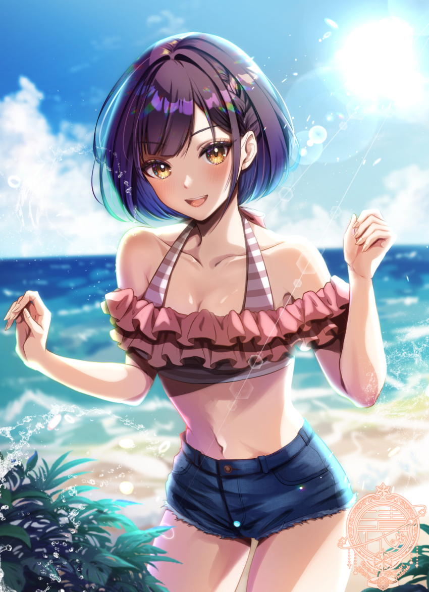 1girl :d alternate_costume artist_logo beach bikini blue_sky blurry blurry_background bob_cut braid breasts brown_eyes brown_hair cleavage cloud collarbone commentary_request cowboy_shot day denim denim_shorts highres leaf logo looking_at_viewer midriff multicolored_eyes multicolored_hair navel non-circular_lens_flare off_shoulder open_mouth outdoors project_sekai purple_hair shinonome_ena shorts side_braid sky small_breasts smile solo striped_bikini striped_clothes swimsuit teeth tiprip_kk upper_teeth_only water yellow_eyes