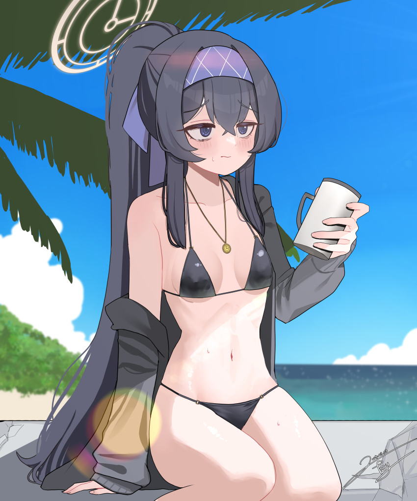 1girl absurdres bags_under_eyes bikini black_bikini black_hair black_jacket blue_archive blue_hairband blue_sky breasts cloud cup day feet_out_of_frame hair_between_eyes hairband halo highres horizon jacket jewelry long_hair mug navel necklace ocean official_alternate_costume open_clothes open_jacket outdoors palm_tree ponytail purple_hairband signature sky small_breasts solo swimsuit tangsuyook tree ui_(blue_archive) ui_(swimsuit)_(blue_archive) very_long_hair white_halo