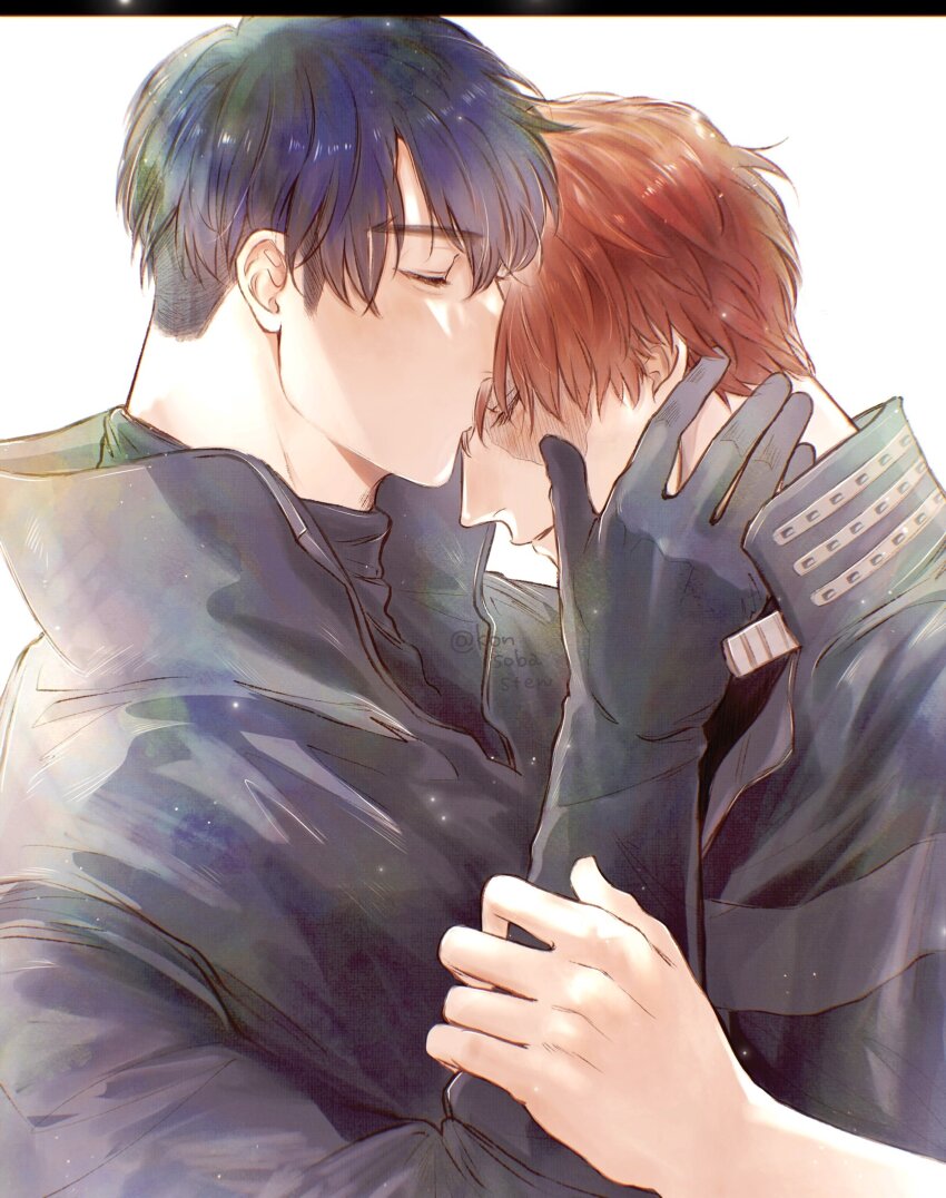 2boys absurdres black_coat black_gloves black_hair boku_no_hero_academia closed_eyes coat eyelashes from_side gloves highres iida_tenya kiss konsobastew male_focus multiple_boys red_hair scar scar_on_face short_hair sideburns todoroki_shoto twitter_username white_background yaoi