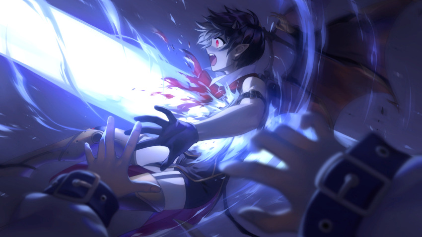 1boy 1girl artist_request black_gloves black_hair blood check_artist demon_boy demon_tail demon_wings ein_lee game_cg gloves highres impaled non-web_source open_mouth pointy_ears red_eyes sable_(tevi) single_glove solo_focus tail teeth tevi tevi_(character) upper_teeth_only wings