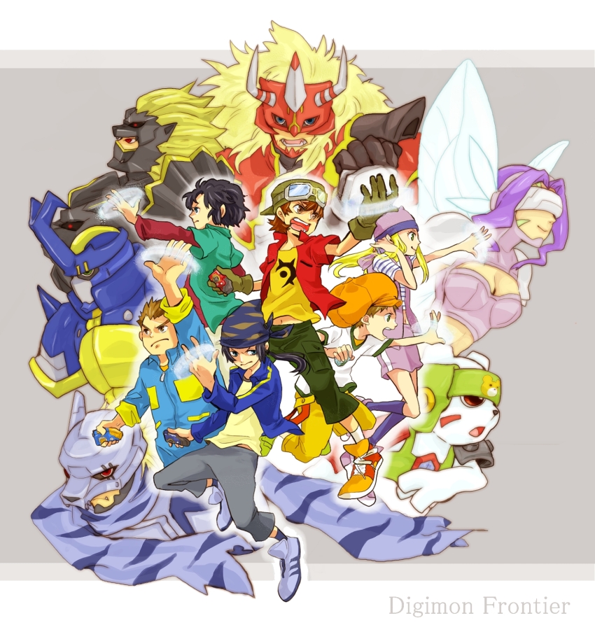 agnimon blitzmon blonde_hair chackmon digimon digimon_(creature) digimon_frontier fairimon gloves green_eyes hat head_wings highres himi_tomoki jacket kanbara_takuya kimura_kouichi long_hair louwemon mask minamoto_kouji orimoto_izumi shibayama_junpei wings wolfmon