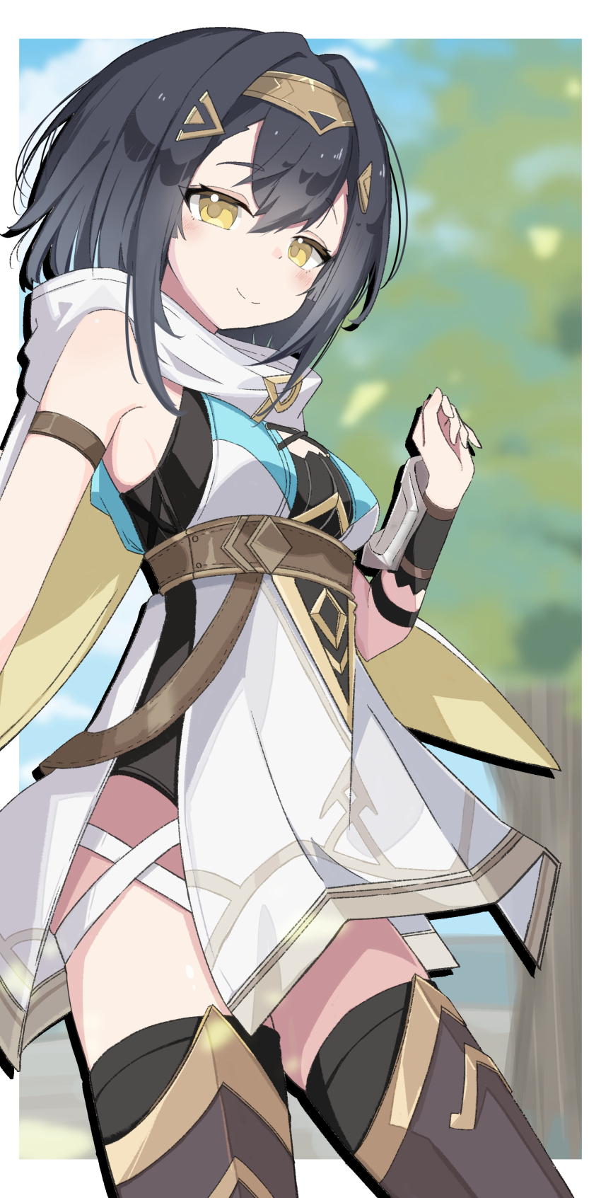 1girl absurdres amber_(stella_sora) bare_shoulders black_hair black_thighhighs blue_sky border breasts commentary_request cowboy_shot hair_between_eyes hairband hand_up highres looking_at_viewer medium_hair mutugimio outside_border sky solo stella_sora thighhighs white_border yellow_eyes