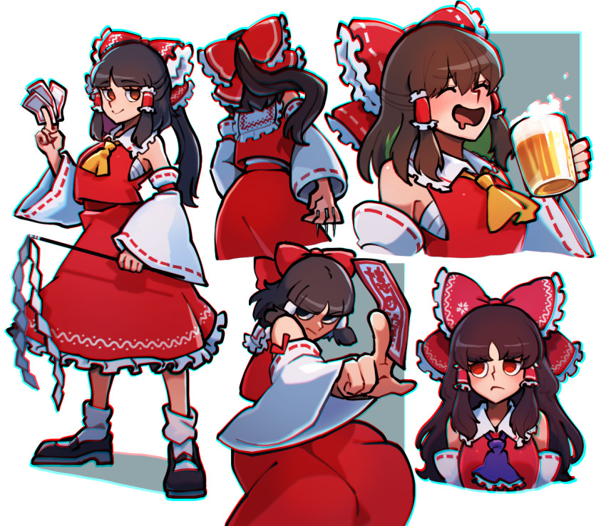 1girl ascot beer_mug black_shoes blue_ascot bobby_socks bow brown_hair closed_eyes closed_mouth cup detached_sleeves gohei hair_bow hakurei_reimu holding holding_cup iganashi1 looking_at_viewer looking_to_the_side medium_hair mug multiple_views ofuda red_bow red_eyes red_shirt red_skirt ribbon-trimmed_sleeves ribbon_trim sarashi shirt shoes sidelocks simple_background skirt smile socks standing touhou white_background white_socks wide_sleeves