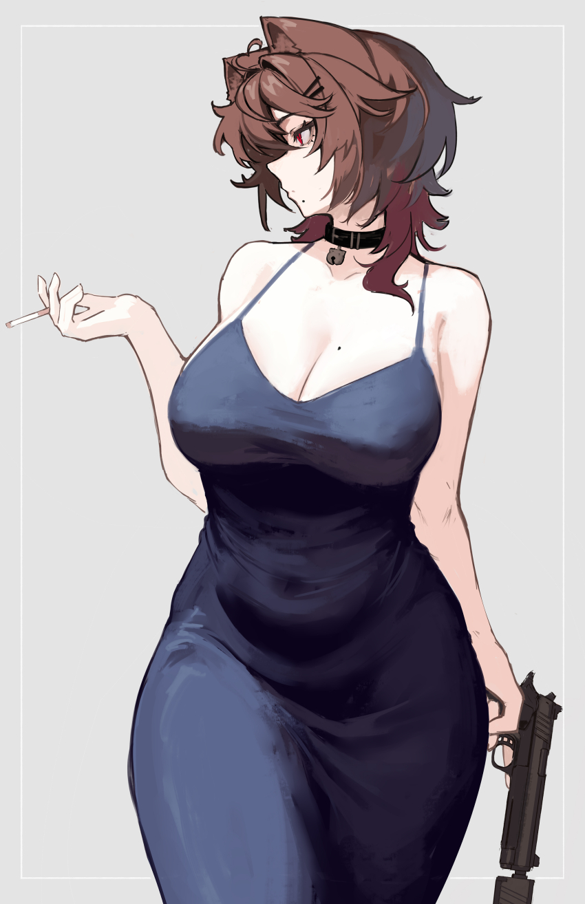 1girl absurdres animal_ears belt_collar blue_dress breasts brown_hair choker cigarette cleavage collar covered_navel dress grey_background gun hair_ornament hairclip handgun highres holding holding_cigarette large_breasts medium_hair mole mole_on_breast mole_under_mouth naoko_kirishima naokomama neck_bell original pistol red_eyes smoking solo standing weapon wide_hips