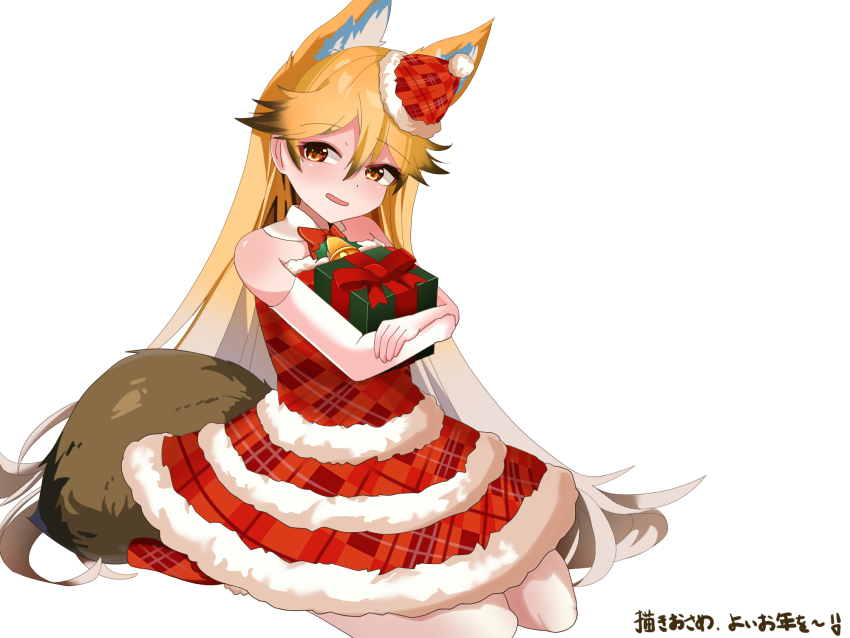 1girl animal_ears artistkitune19 bare_shoulders bell bow bowtie brown_hair christmas christmas_present detached_collar dress elbow_gloves extra_ears ezo_red_fox_(kemono_friends) fox_ears fox_girl fox_tail fur_trim gift gloves hair_between_eyes hat highres kemono_friends kemono_friends_3 long_hair mini_hat mini_santa_hat multicolored_hair neck_bell official_alternate_costume orange_eyes orange_hair plaid_clothes plaid_dress red_bow red_bowtie red_dress santa_costume santa_dress santa_hat seiza sidelocks sitting solo tail translation_request white_fur white_gloves white_hair
