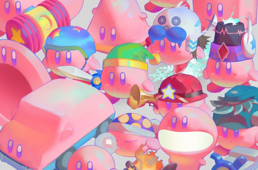 blue_helmet car_mouth character_request closed_eyes cone_mouth copy_ability frosty_ice_kirby green_hat hammer_kirby hat helmet hieumay highres holding holding_weapon ice_kirby kirby kirby_(series) light-bulb_mouth mouthful_mode multiple_persona nightcap nintendo no_humans ranger_kirby ring_mouth sleep_kirby sleeping sword sword_kirby toy_hammer toy_hammer_kirby weapon