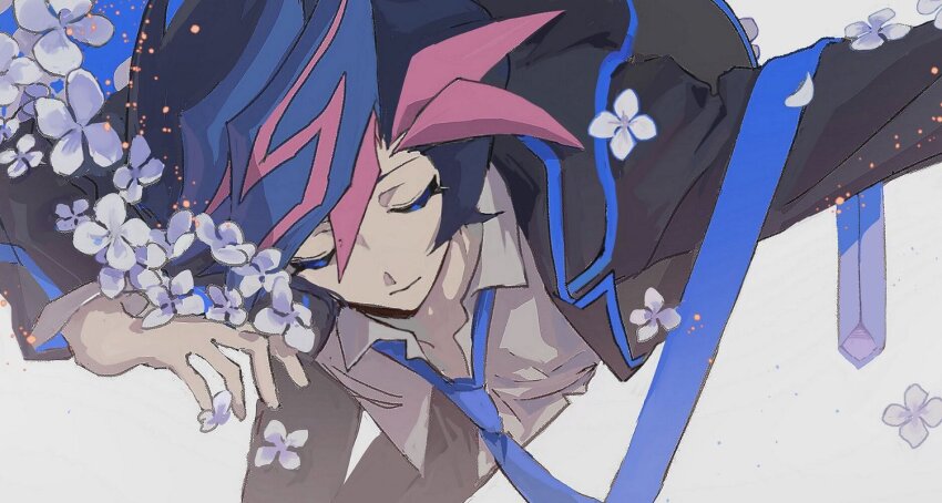 1boy black_pants black_sclera blazer blue_eyes blue_flower blue_hair blue_necktie blue_trim colored_bangs colored_sclera dress_shirt facing_viewer flower fujiki_yusaku half-closed_eyes jacket leaning_forward leaning_to_the_side light_particles long_necktie looking_down loose_necktie male_focus midair necktie novale110 open_clothes open_jacket outstretched_arms pants partially_unbuttoned resting school_uniform shirt spiked_hair untucked_shirt white_background white_shirt yu-gi-oh! yu-gi-oh!_vrains