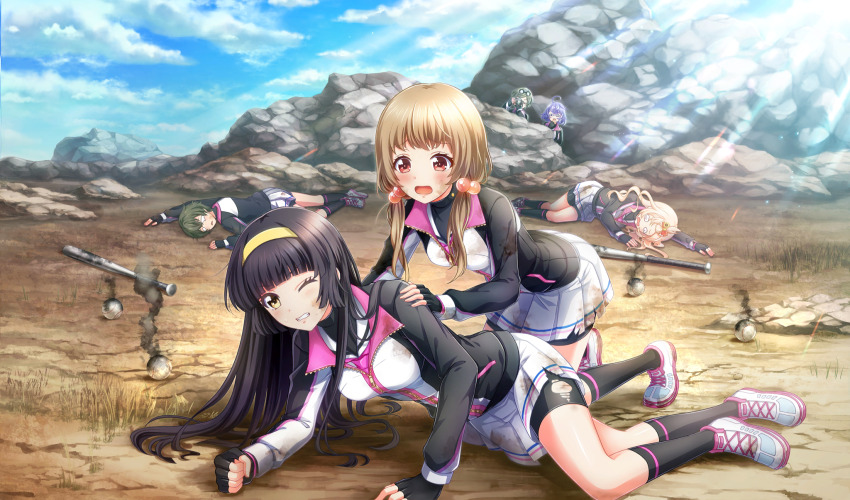 6+girls ahoge aisaka_koko asada_aoi ball baseball_(object) baseball_bat belt_pouch bike_shorts bike_shorts_under_skirt black_gloves black_hair black_pouch black_shorts black_socks blonde_hair blunt_bangs bow camera cinderella_series clenched_hand clenched_teeth cloud eyewear_on_head falling fingerless_gloves game_cg gloves green_hair hachigatsu_no_cinderella_nine hair_bobbles hair_bow hair_ornament hairband highres holding holding_camera jacket kneeling light_brown_hair light_rays long_hair long_sleeves looking_at_another low_twintails lying metal_baseball_bat multiple_girls nakano_ayaka naoe_tayu non-web_source o_o official_art on_side on_stomach one_eye_closed open_mouth outdoors pleated_skirt pouch purple_hair red_eyes rock satogahama_baseball_uniform shoes short_hair shorts skirt sky smoke sneakers socks sunbeam sunlight taketomi_aya taking_picture teeth torn_bike_shorts torn_clothes torn_skirt track_jacket tsukishima_yui_(hachigatsu_no_cinderella_nine) twintails wasteland wavy_hair white_footwear wristband yellow_hairband