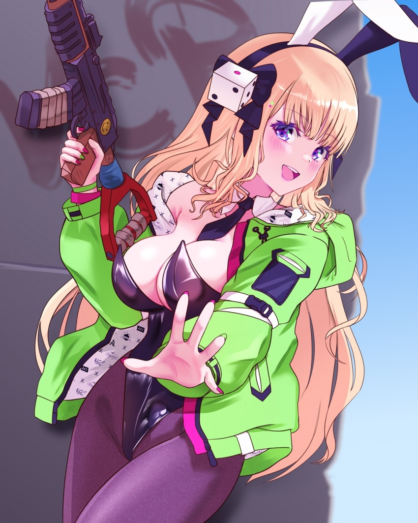 1girl aki_rosenthal akm animal_ears ar-khey assault_rifle bare_shoulders blush breasts green_jacket gun highres holding holding_gun holding_weapon hololive jacket kalashnikov_rifle large_breasts leotard looking_at_viewer official_alternate_hairstyle playboy_bunny purple_eyes rabbit_ears rifle smile solo virtual_youtuber weapon