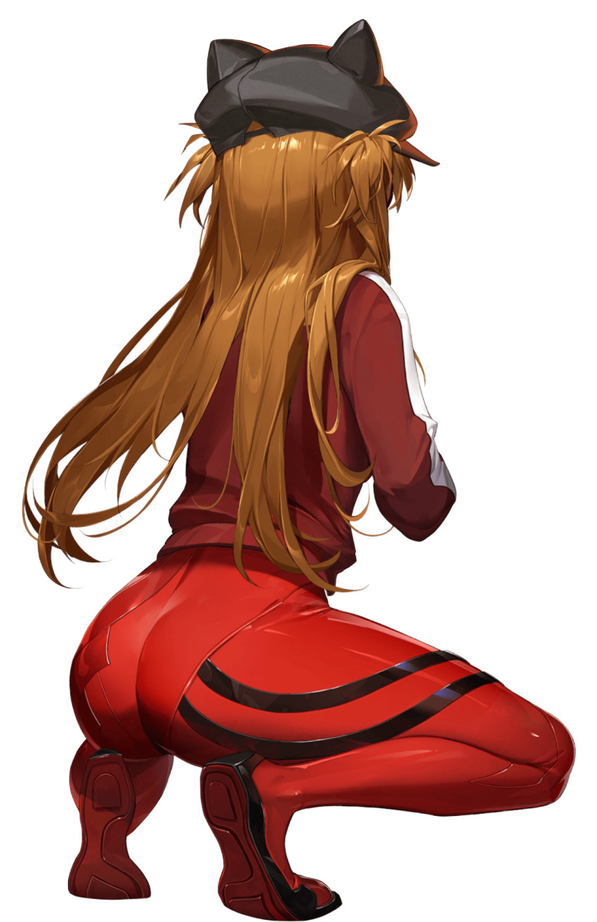 1girl aiming artist_collaboration ass bodysuit breasts brown_hair curvy evangelion:_3.0_you_can_(not)_redo goddess_of_victory:_nikke hat highres holding holding_weapon huge_ass interface_headset_(evangelion) jacket long_hair mecha_pilot_suit neon_genesis_evangelion official_art plugsuit_(evangelion) rebuild_of_evangelion red_bodysuit red_jacket ryona serious shiny_clothes simple_background skin_tight souryuu_asuka_langley squatting third-party_edit transparent_background two_side_up very_long_hair weapon wide_hips