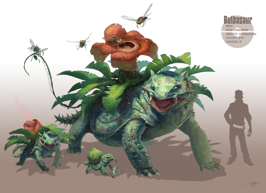 absurdres animal_focus arvalis baseball_cap bulbasaur character_name commentary creature english_commentary english_text fangs flower gen_1_pokemon gen_3_pokemon gradient_background hat height highres holding holding_poke_ball ivysaur lizard nincada ninjask nintendo nostrils poke_ball pokemon pokemon_(creature) pollen realistic red_eyes red_flower shadow venusaur vine_whip